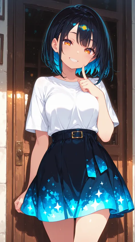 female, thin short sleeve shirt, flare skirt, Smile