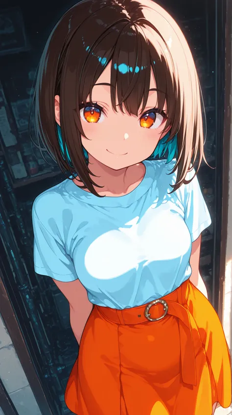female, thin short sleeve shirt, flare skirt, Smile