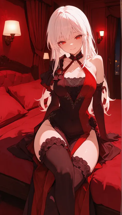 ((Masterpiece)), ((High Quality)), ((HD)), 1girl, white hair, long hair, red eyes, unussually open eyes, soft focus, backlighting, 3d background, red theme, muted color, dim lighting, dusk time, dark, shade, figure four sitting, crossing legs, swayback hip...