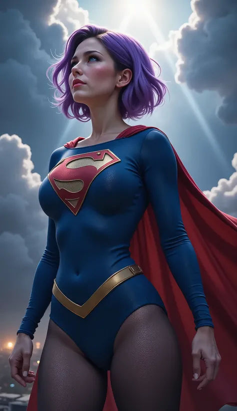 "Photo-realistic, ultra-detailed cinematic portrait of a reimagined Supergirl. She has short, tousled purple hair and gray-toned skin, giving her a mysterious Kryptonian presence. Her vivid blue eyes look upward with fierce determination. She wears a class...