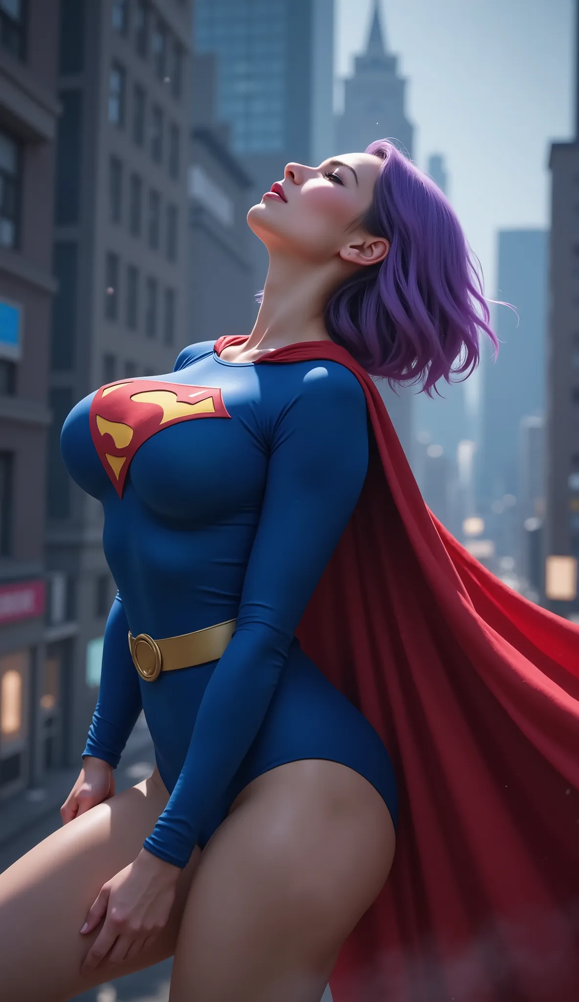 PHOTO REALISTIC-PHOTO REALISM score_9,score_8_up,score_7_up,shadow detail,smooth lights, face_looking up,1girl,doggysex position,SUPERGIRL from dc,purple short hair,gray skin,pantyhose,front view,face up, BLUE SUPERGIRL COSTUME, FLOWING RED CAPE <lora:face...