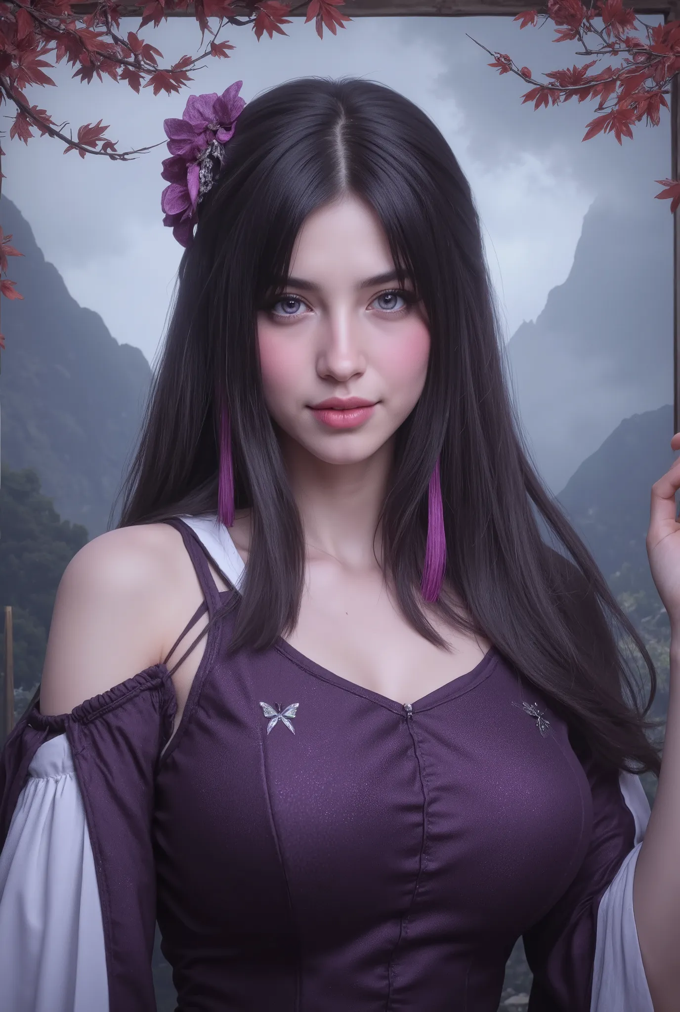 Characters from Chinese Fairy Tales, upper body, kind smile, mature woman, Extremely Big Breasts, curvilinear, Pectoralis major, Cool Beauty, Living Expression , Cold Stare, dark purple hair, dark hair, Shiny and silky, long hair, earrings, Flower petal ...