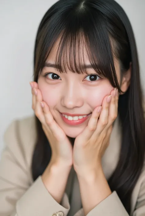 extreme close-up portrait, beautiful girl with her love-struck, radiant face filling the entire frame (95% face ratio), gently placing both open hands on her flushed cheeks with soft fingers, soft black camisole, white blurred background, eyes dreamy and h...