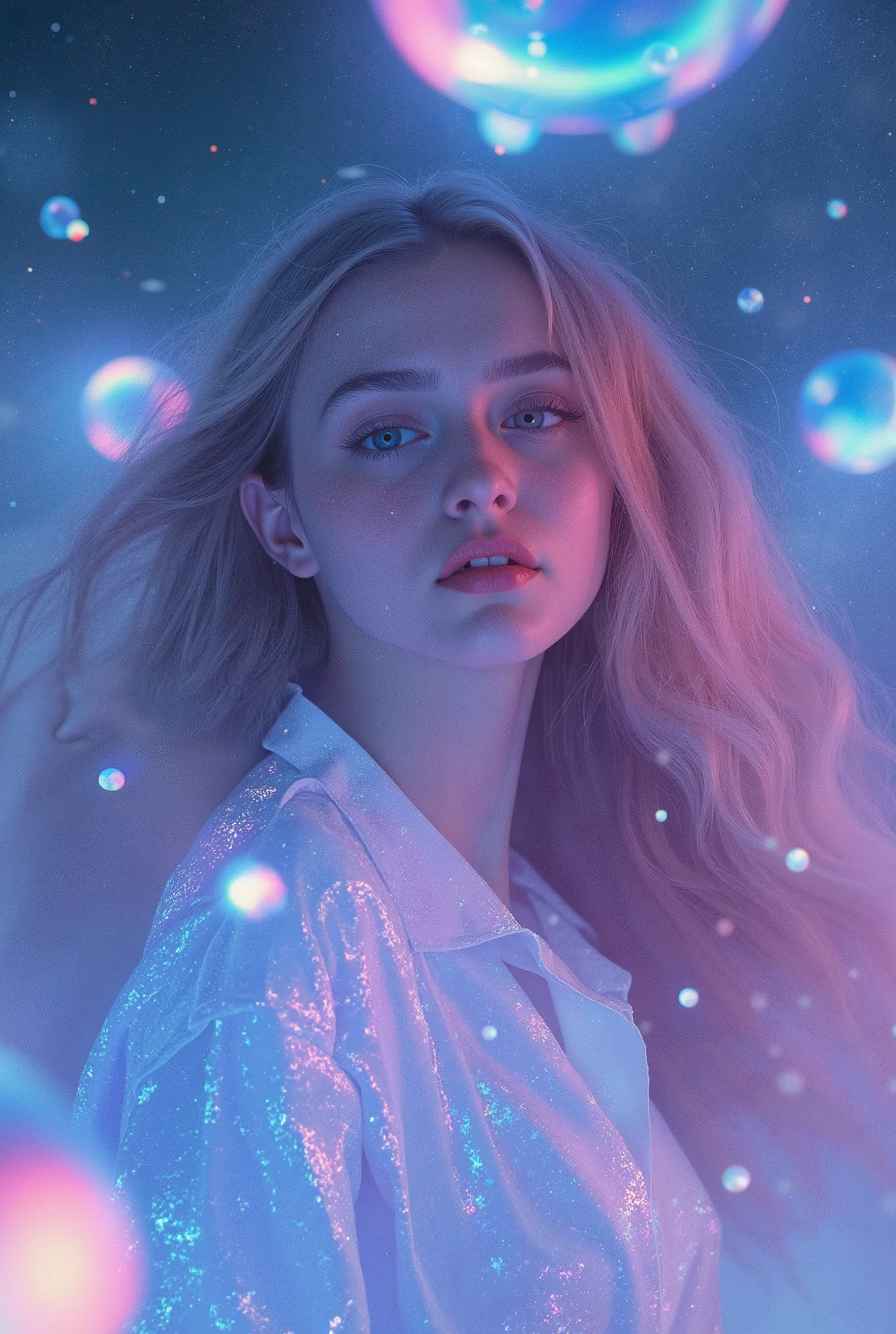 vaporwave, beautiful girl, universe, futurebeautiful vaporwave girl in cosmic universe, serene expression, flowing pastel hair, holographic skin, surrounded by glowing neon orbs, ambient vaporous atmosphere, cinematic lighting, 4K, photorealistic, digital ...