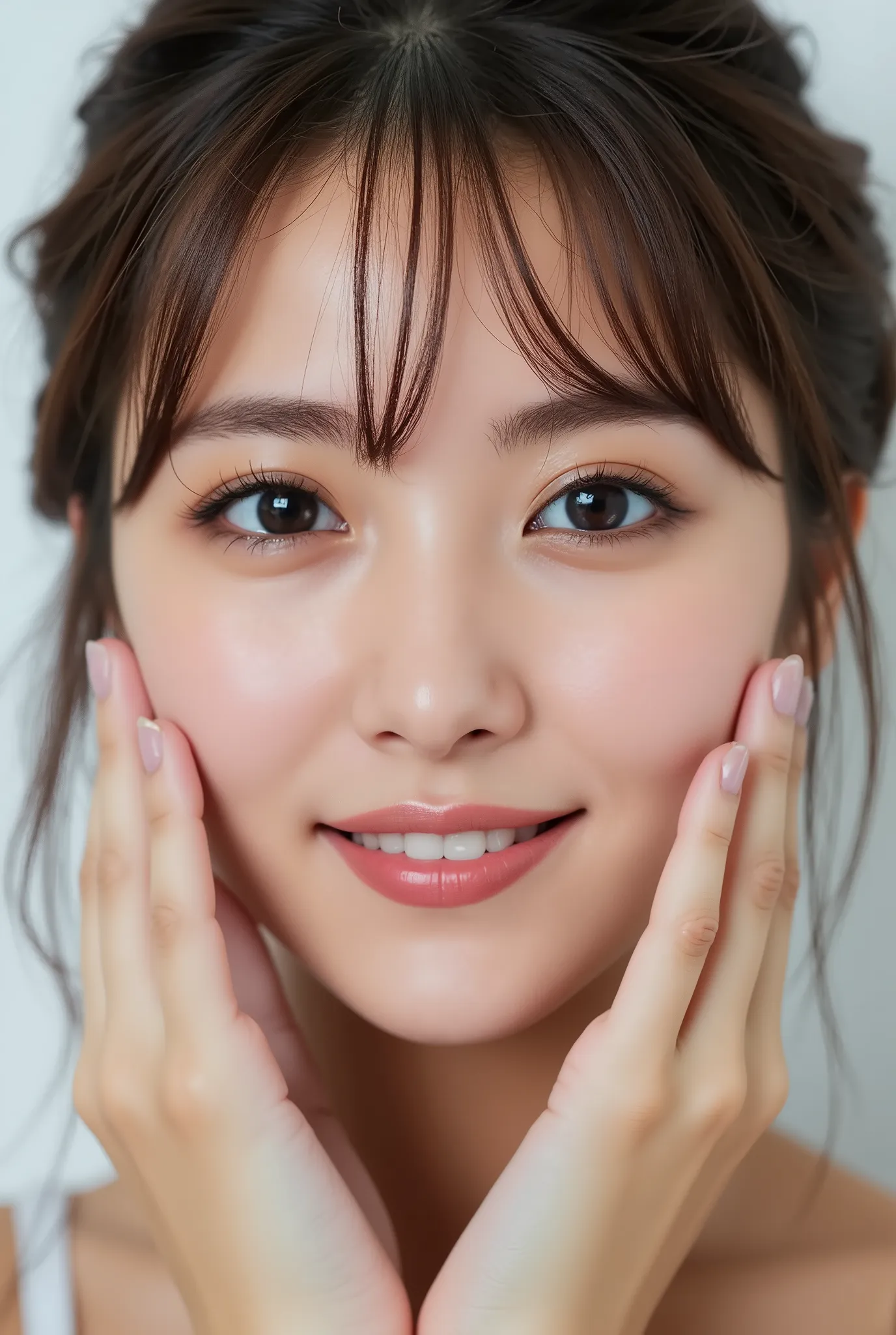 extreme close-up portrait, beautiful girl with her love-struck, radiant face filling the entire frame (95% face ratio), gently placing both open hands on her flushed cheeks with soft fingers, soft black camisole, white blurred background, eyes dreamy and h...