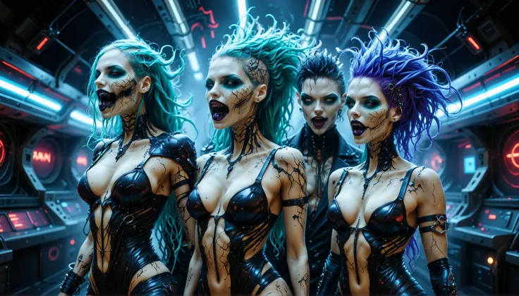 cybernetic corruption, seductive cybernatic vampire, fangs,Underground Club: Multi‑character scene—three vampires in a neon gothic club: one with violet mohawk, one with long aqua curls, one with jet‑black dreadlocks. All in latex and chrome accessories, d...