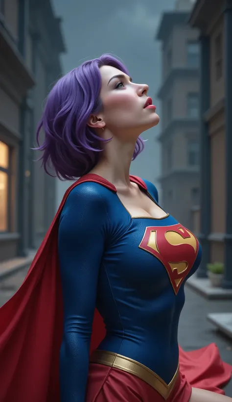 PHOTO REALISTIC-PHOTO REALISM score_9,score_8_up,score_7_up,shadow detail,smooth lights, face_looking up,1girl,doggysex position,SUPERGIRL from dc,purple short hair,gray skin,pantyhose,front view,face up, BLUE SUPERGIRL COSTUME, FLOWING RED CAPE <lora:face...