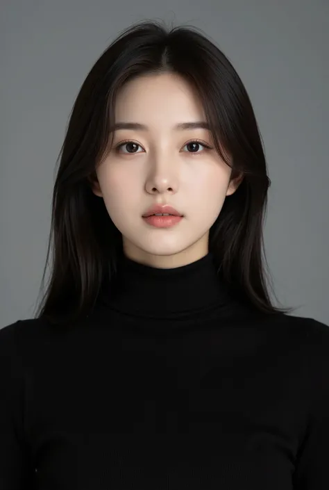 studio portrait of a Korean woman, medium shot from chest up, fair and clear skin, long dark straight hair, wearing a black turtleneck, looking directly at the camera, calm and confident expression, soft diffused lighting, minimalistic grey studio backgrou...