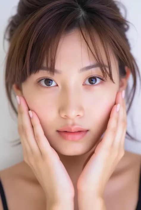 extreme close-up portrait, beautiful girl with her love-struck, radiant face filling the entire frame (95% face ratio), gently placing both open hands on her flushed cheeks with soft fingers, soft black camisole, white blurred background, eyes dreamy and h...