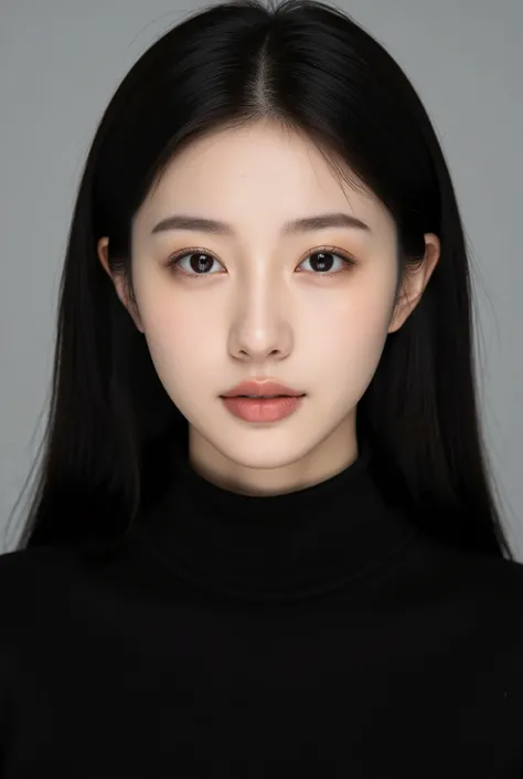 studio portrait of a Korean woman, medium shot from chest up, fair and clear skin, long dark straight hair, wearing a black turtleneck, looking directly at the camera, calm and confident expression, soft diffused lighting, minimalistic grey studio backgrou...