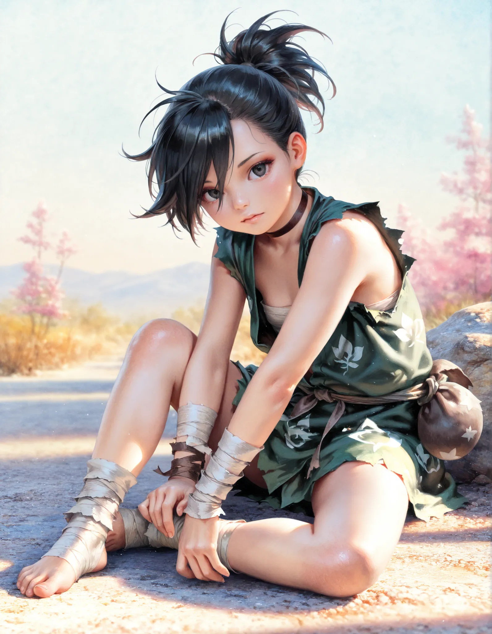 masterpiece, best quality, very aesthetic, 1girl,, dororo, black hair, ponytail, choker, black eyes, bandages, wrist wrap, ankle wrap, masterpiece, best quality, photorealistic, 1girl, solo, looking at viewer, , depth of field, (watercolor illustration, so...