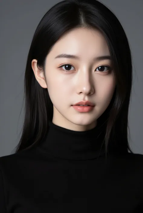 studio portrait of a Korean woman, medium shot from chest up, fair and clear skin, long dark straight hair, wearing a black turtleneck, looking directly at the camera, calm and confident expression, soft diffused lighting, minimalistic grey studio backgrou...