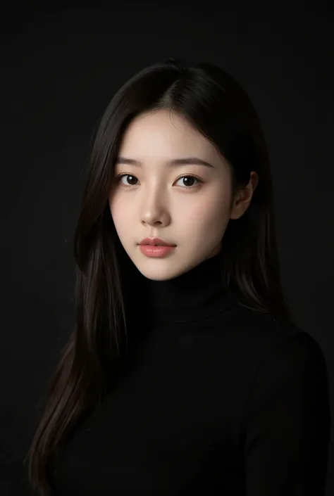 studio portrait of a Korean woman, medium shot from chest up, fair and clear skin, long dark straight hair, wearing a black turtleneck, looking directly at the camera, calm and confident expression, soft diffused lighting, minimalistic dark studio backgrou...