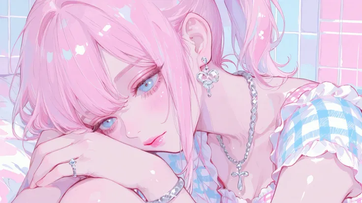 Pastel colors, one girl, gingham check clothing, pretty light blue eyes, pink lips, top quality, silver bracelet, silver necklace, pink hair (ponytail hair), facing us,
