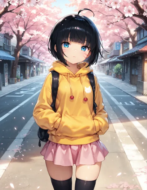 masterpiece, best quality, very aesthetic, 1girl,, anime, 1girl, solo, outdoors, street, cherry blossoms, cowboy shot, standing, looking at viewer, himawari, blue eyes, black hair, short hair, blunt bangs, facial mark, whisker markings, ahoge, yellow hoodi...