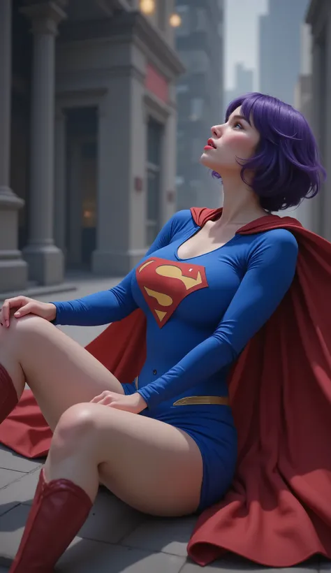 PHOTO REALISTIC-PHOTO REALISM score_9,score_8_up,score_7_up,shadow detail,smooth lights, face_looking up,1girl,doggysex position,SUPERGIRL from dc,purple short hair,gray skin,pantyhose,front view,face up, BLUE SUPERGIRL COSTUME, FLOWING RED CAPE <lora:face...