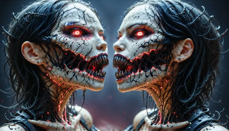cybernetic corruption, seductive cybernatic vampire, fangs,Cybernetic Embrace: Close‑up of two vampires kissing—one with glowing red ocular implants, short silver bob; the other with long black hair streaked neon pink. Both wear reflective neck braces.