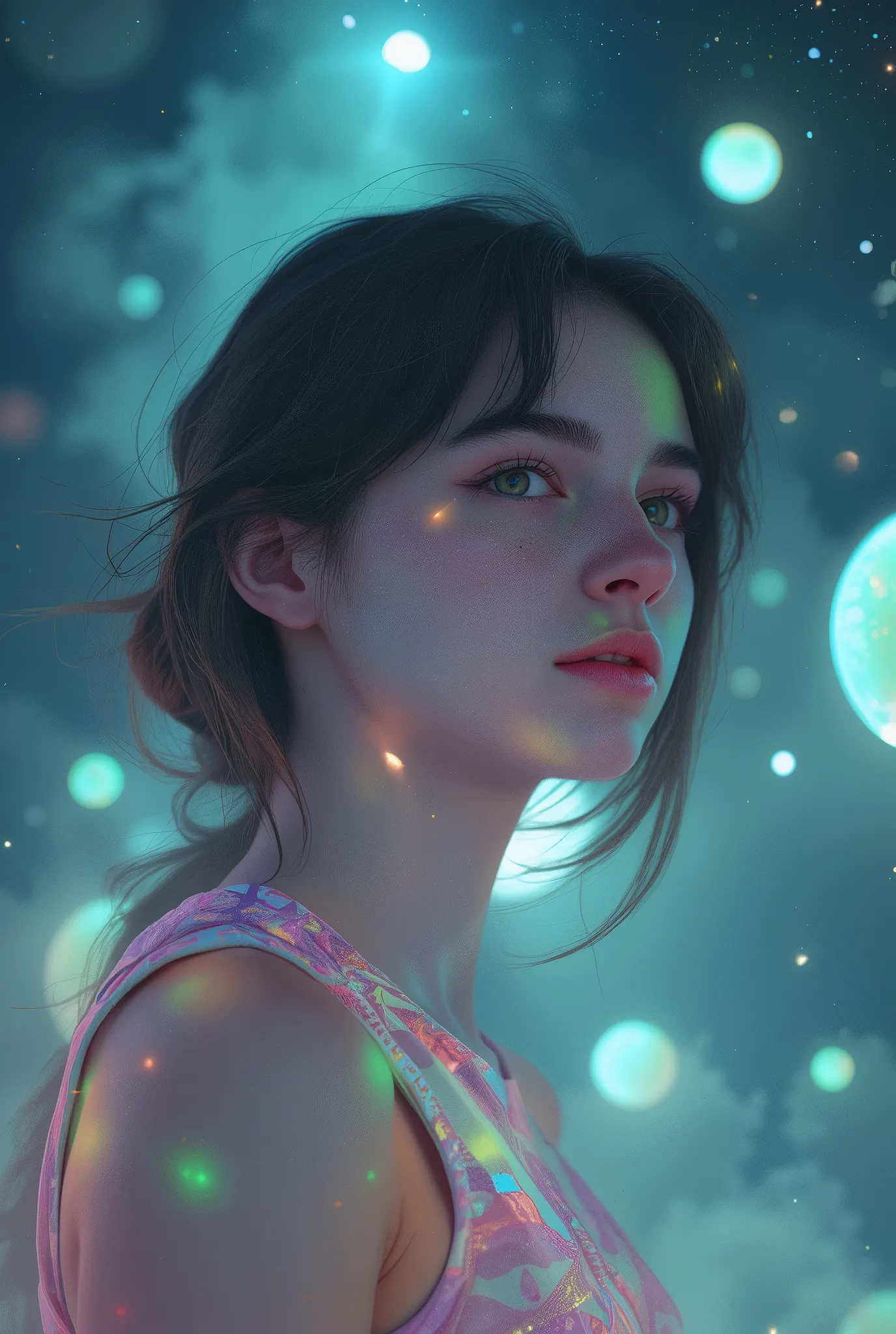 vaporwave, beautiful girl, universe, futurebeautiful vaporwave girl in cosmic universe, serene expression, flowing pastel hair, holographic skin, surrounded by glowing neon orbs, ambient vaporous atmosphere, cinematic lighting, 4K, photorealistic, digital ...