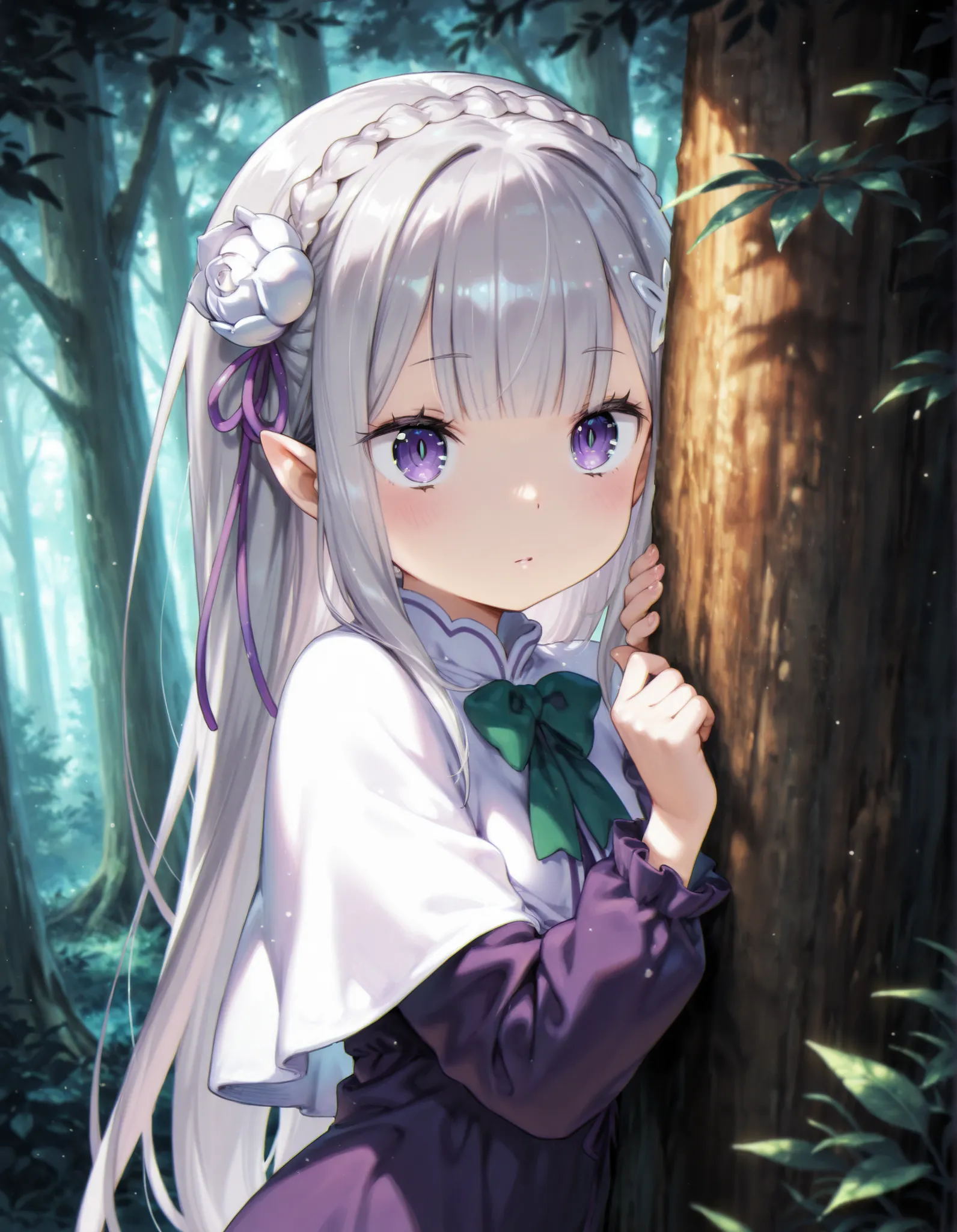 masterpiece, best quality, very aesthetic, 1girl,, solo, anime, emilia (re:zero), young, forest, peeking out upper body, behind tree, purple eyes, hairband, long hair, grey hair, pointy ears, blunt bangs, white capelet, purple dress, green bow, long sleeve...