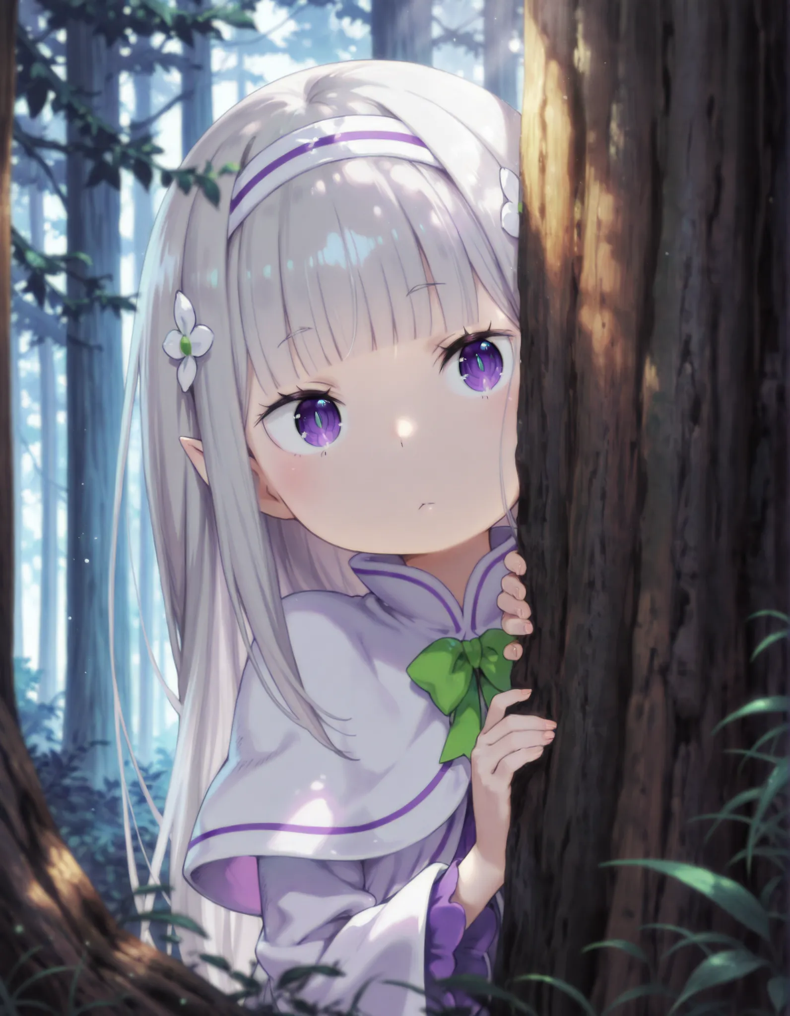 masterpiece, best quality, very aesthetic, 1girl,, anime, solo, yngemilia, emilia (re:zero), young, forest, peeking out upper body, behind tree, purple eyes, hairband, long hair, grey hair, pointy ears, blunt bangs, white capelet, purple dress, green bow, ...