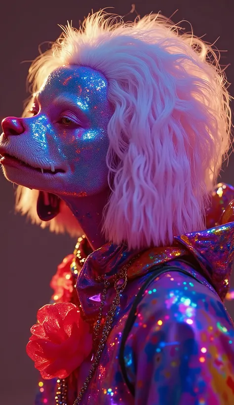 Strange and sinister African human albinos, with exotic predatory animals, friendly caress the beasts. hyperrealistic artist, inst ax, playful performance art, atmospheric installations, iconic fashion, colorful costumes, Supercolor Intense, solar punk. Co...