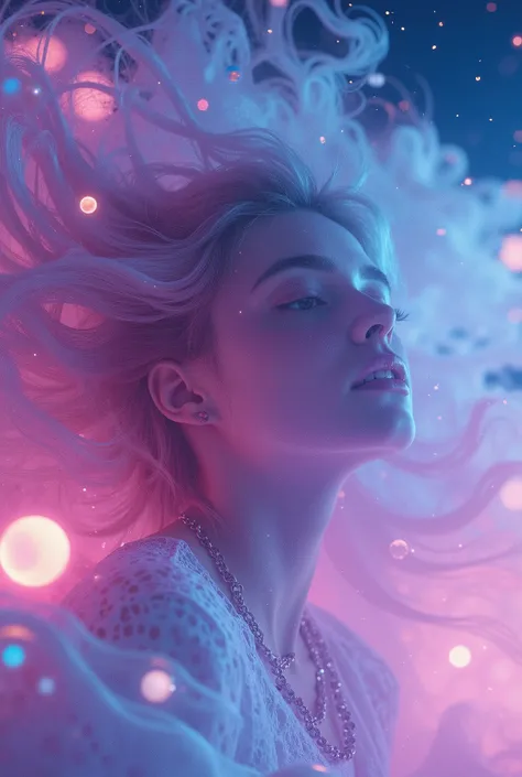 vaporwave, beautiful girl, universe, futurebeautiful vaporwave girl in cosmic universe, serene expression, flowing pastel hair, holographic skin, surrounded by glowing neon orbs, ambient vaporous atmosphere, cinematic lighting, 4K, photorealistic, digital ...