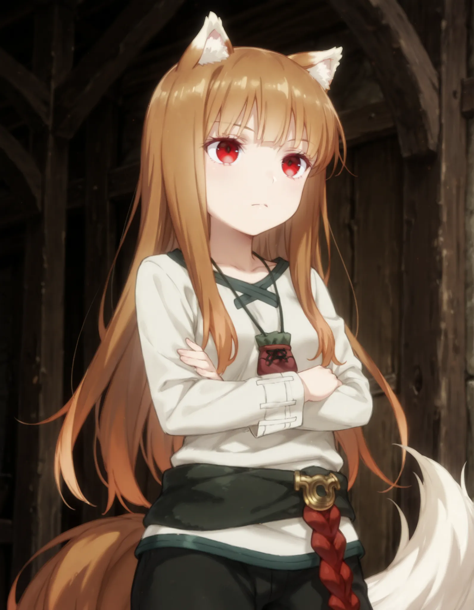 masterpiece, best quality, very aesthetic, 1girl,, holo, 1girl, wolf ears, long hair, solo, red eyes, ginger hair, wolf tail,