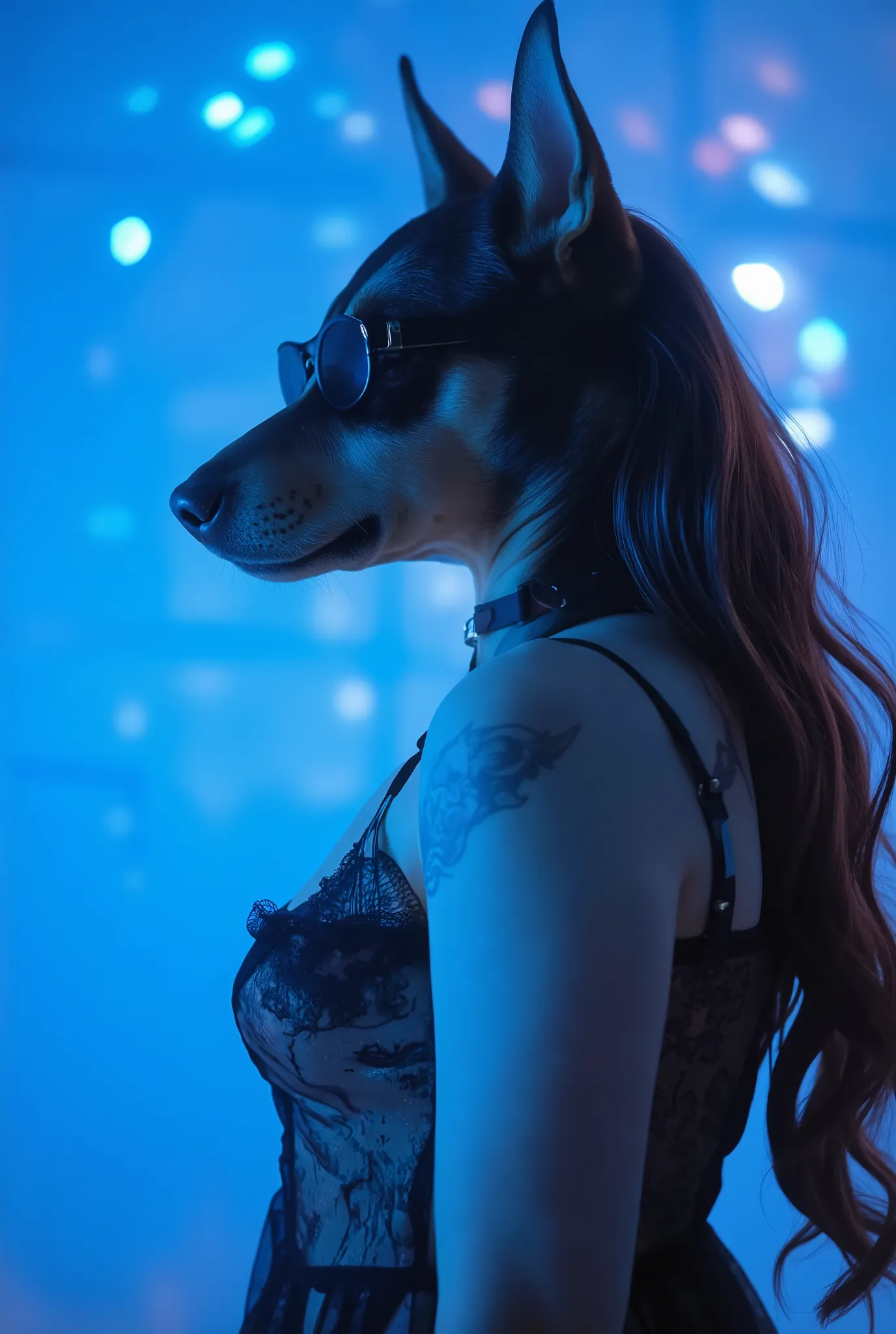 Best mobile wallpapers, Award Winning Wallpapers, portrait photography, In the foreground is a portrait of a female dog human wearing a dress, has Doberman dog ears, long wavy brown hair, Side view photo, Taken with Canon EOS R5, Set a strong contrast that...