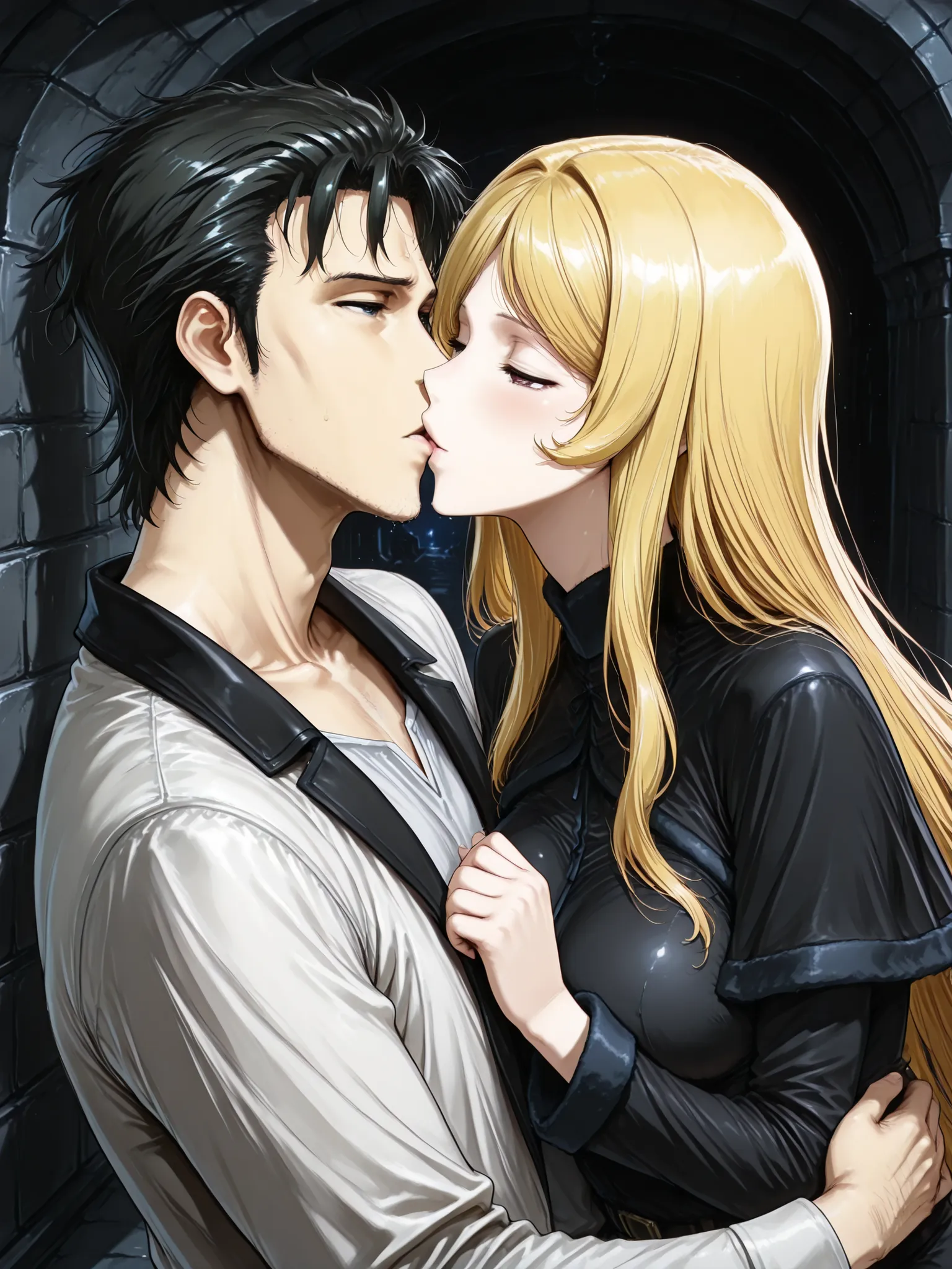 ((Best Quality)),( super high definition),(Super detailed),( detailed description ),((The best CG)),(masterpiece), dark dungeon,dark cave,lanthorn,(1boy and 1girl,1boy is a Okabe rintaro, 1 girl is THE GALAXY EXPRESS 999_Maetel,the girl kiss the boy ,de...