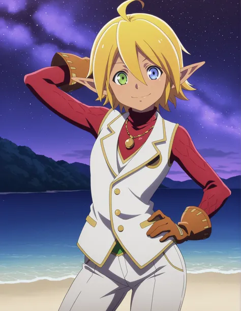 masterpiece, best quality, very aesthetic, 1girl,, aura bella fiora, short hair, blue eyes, blonde hair, hair between eyes, green eyes, ahoge, pointy ears, dark skin, heterochromia, elf, dark elf, anime screencap, gloves, jewelry, necklace, vest, white ves...