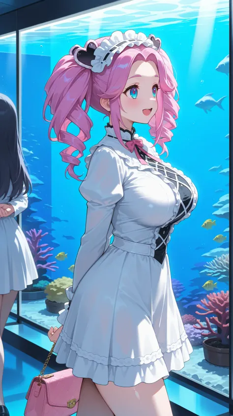 (master piece, professional quality, high resolution, 8k, ultra detailed,) shikoku metan, from side, between legs, aquarium, walking, arms behind back, looking away, joyful:d, blue gradient eyes, smooth skin, pink hair, shiny hair, head dress, large breas...