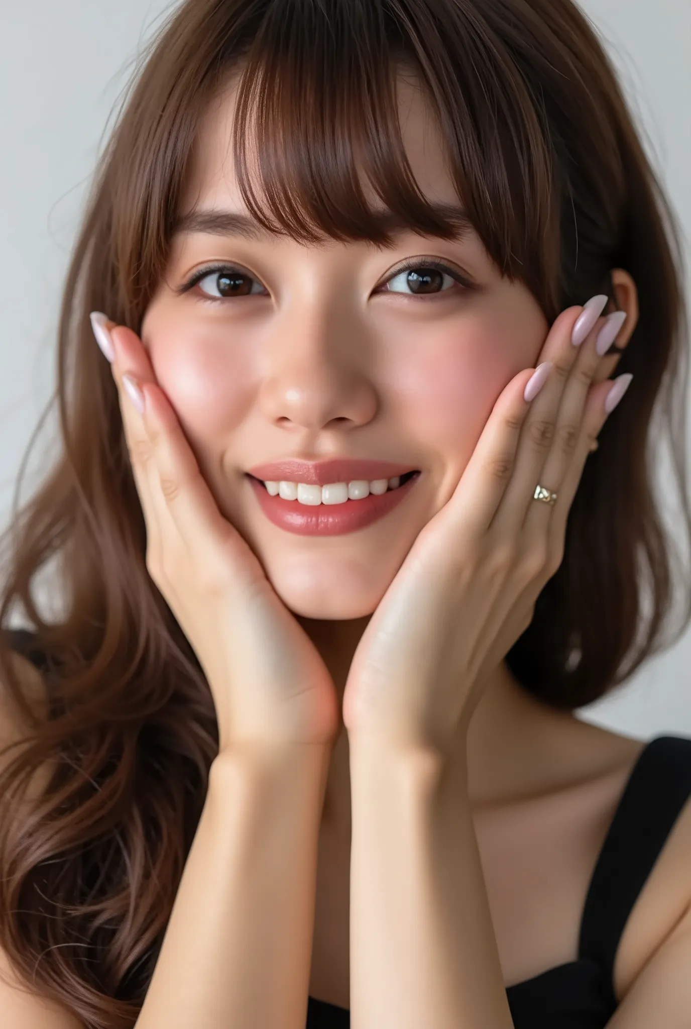 extreme close-up portrait, beautiful girl with her love-struck, radiant face filling the entire frame (95% face ratio), gently placing both open hands on her flushed cheeks with soft fingers, soft black camisole, white blurred background, eyes dreamy and h...