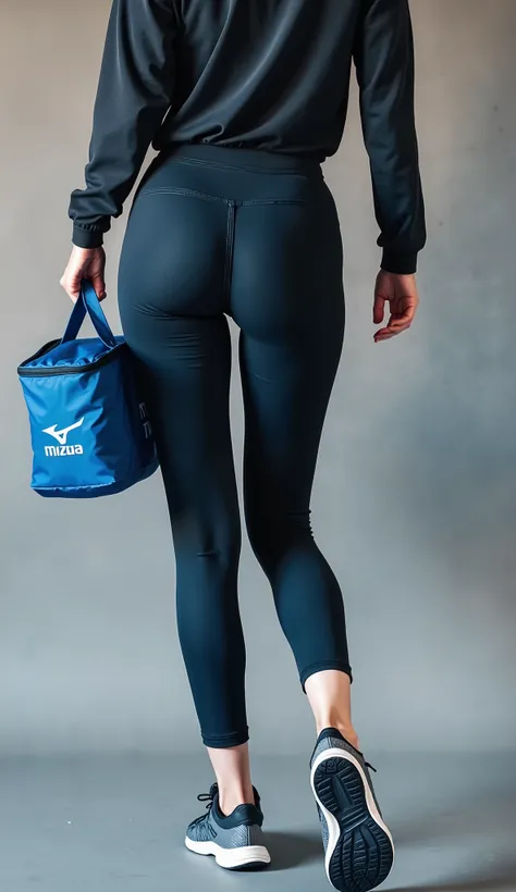 ((Close-up)) Of a thin woman standing (((in a back diagonal position))), wearing tight technological clothes and (((Mizuno® sneakers))), holding a basic blue cooler bag, Simple bag e reta, thermal bag with tote bag size, Simple bag, Ecological sabota, nylo...