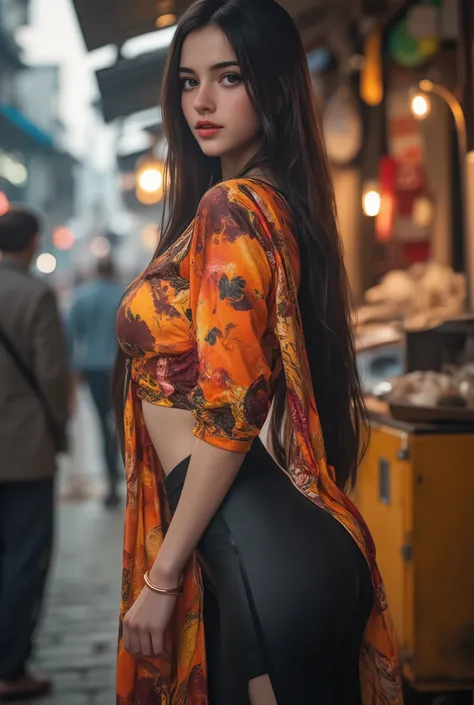 Beautiful Indian Women Kurti Leggings Tulidar Tight Market Hot Flying Kurti, stunning leggings, Red Side Slit Open Kurti,big breasts,big butt, huge butt between collarbones,beautiful face, Celebrity Faces,full body image,Side View Fine Grain, Detailed Face...