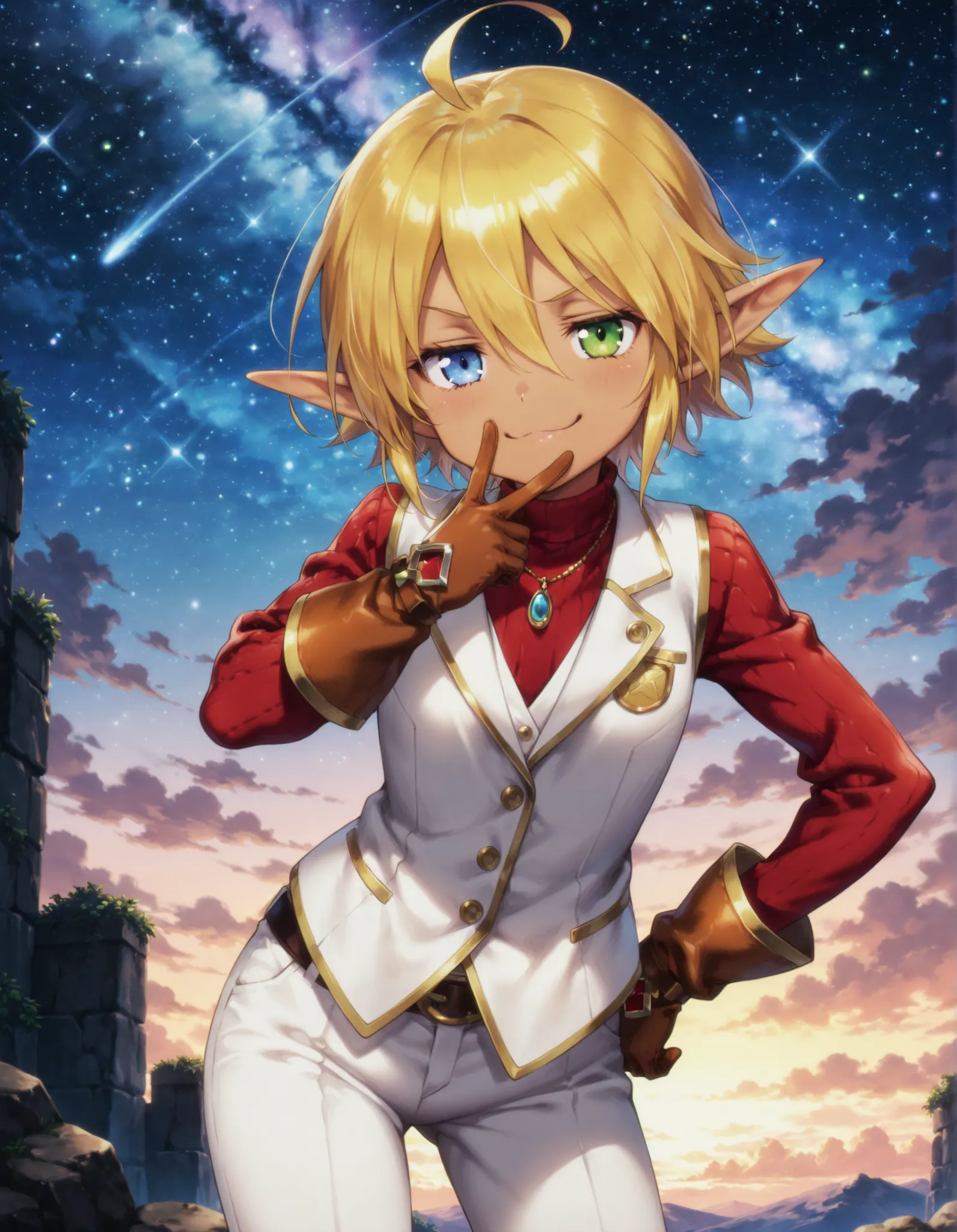 masterpiece, best quality, very aesthetic, 1girl,, solo, aura bella fiora, short hair, blue eyes, blonde hair, hair between eyes, green eyes, ahoge, pointy ears, dark skin, heterochromia, elf, dark elf, anime screencap, gloves, jewelry, necklace, vest, whi...