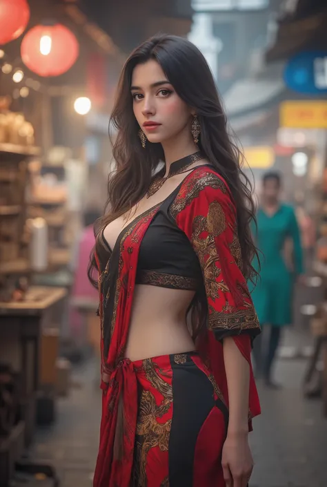 Beautiful Indian Women Kurti Leggings Tulidar Tight Market Hot Flying Kurti, stunning leggings, Red Side Slit Open Kurti,big breasts,big butt, huge butt between collarbones,beautiful face, Celebrity Faces,full body image,Side View Fine Grain, Detailed Face...