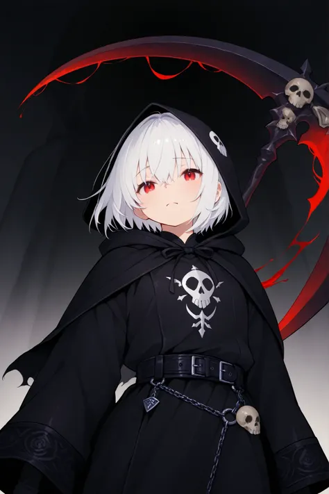 A warm touch of painting、fantasy world、 medieval attire、Grim Reaper Girl、black hood、black robe、white hair、short hair、red eyes、turime、Grim Reaper&#39;s Scythe、Souls are floating around、sad expression、Skull mark