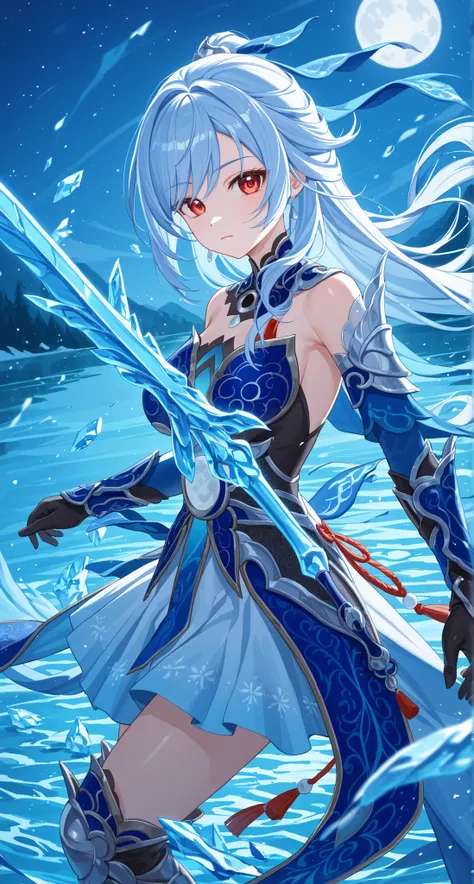 nsfw,Jingliu,glass cover,side shot,alternate color,masterpiece,detailed illustration,lifelike,{{{1Jingliu}}},shiny beautiful woman,cinematic lighting,dynamic angle,dynamic pose,depth of field,looking at viewer,1girl,jgsd,red eyes,blue armored dress,white s...