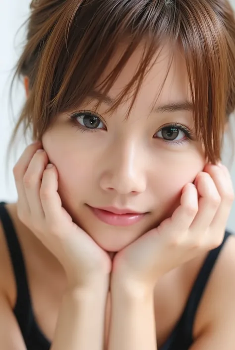 extreme close-up portrait, beautiful girl with her love-struck, radiant face filling the entire frame (95% face ratio), gently placing both open hands on her flushed cheeks with soft fingers, soft black camisole, white blurred background, eyes dreamy and h...