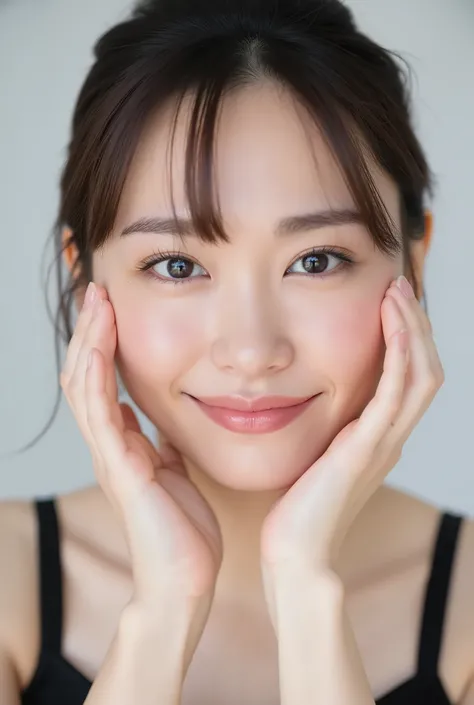 extreme close-up portrait, beautiful girl with her love-struck, radiant face filling the entire frame (95% face ratio), gently placing both open hands on her flushed cheeks with soft fingers, soft black camisole, white blurred background, eyes dreamy and h...