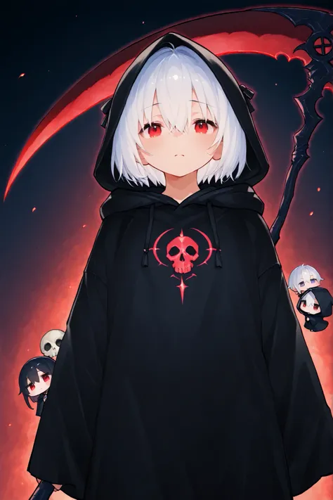 A warm touch of painting、chibi,fantasy world、 medieval attire、Grim Reaper Girl、black hood、black robe、white hair、short hair、red eyes、turime、Grim Reaper&#39;s Scythe、Souls are floating around、sad expression、Skull mark、=_=、Chibi Skull