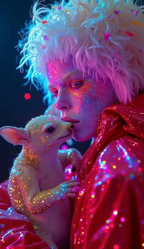 Strange and sinister African human albinos, with exotic predatory animals, friendly caress the beasts. hyperrealistic artist, inst ax, playful performance art, atmospheric installations, iconic fashion, colorful costumes, Supercolor Intense, solar punk. Co...