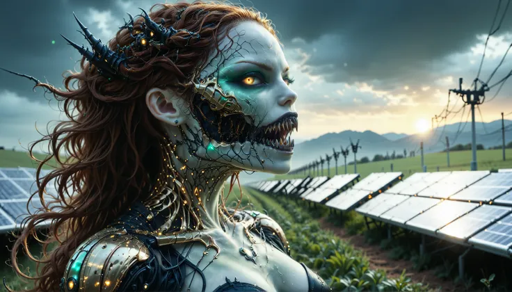 cybernetic corruption, seductive cybernatic vampire, fangs, Vampire with bronze skin, curly auburn hair braided with copper wires, emerald‑green ocular implants. She surveys a field of solar panels at dusk, clad in a metallic suit that shimmers gold.