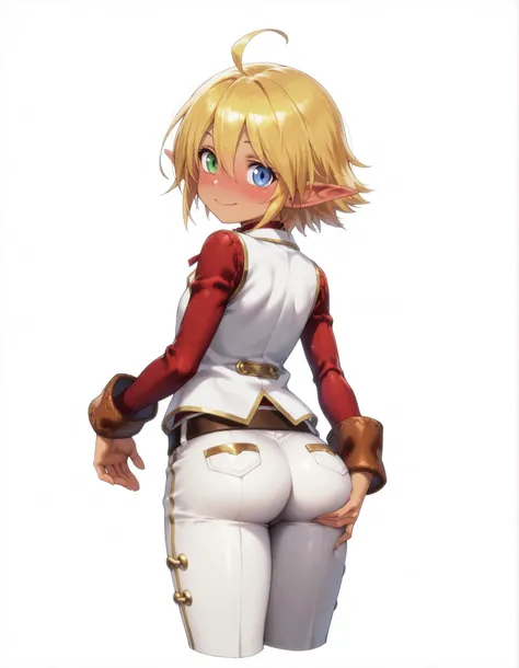 masterpiece, best quality, very aesthetic, 1girl,, anime, solo, aura bella fiora, short hair, blue eyes, blonde hair, hair between eyes, green eyes, ahoge, pointy ears, dark skin, heterochromia, elf, dark elf, anime screencap,,  white pants, smile,  ass, s...