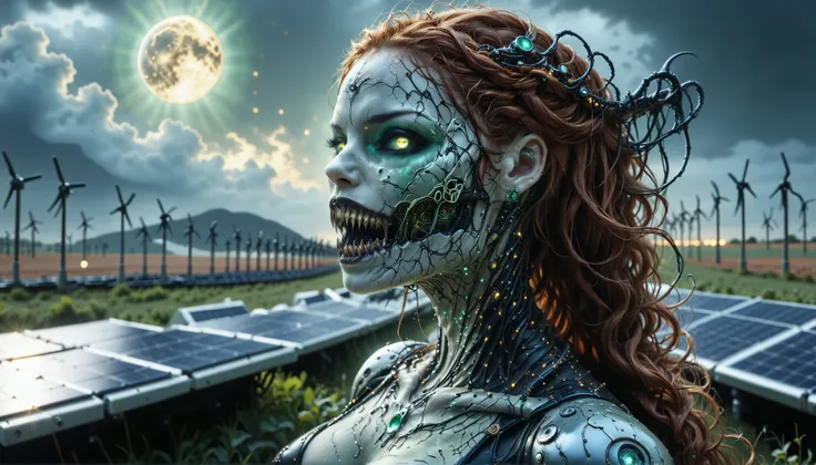 cybernetic corruption, seductive cybernatic vampire, fangs, Vampire with bronze skin, curly auburn hair braided with copper wires, emerald‑green ocular implants. She surveys a field of solar panels at dusk, clad in a metallic suit that shimmers gold.