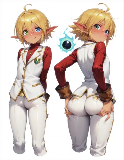 masterpiece, best quality, very aesthetic, 1girl,, anime, solo, aura bella fiora, short hair, blue eyes, blonde hair, hair between eyes, green eyes, ahoge, pointy ears, dark skin, heterochromia, elf, dark elf, anime screencap,,  white pants, smile,  ass, s...