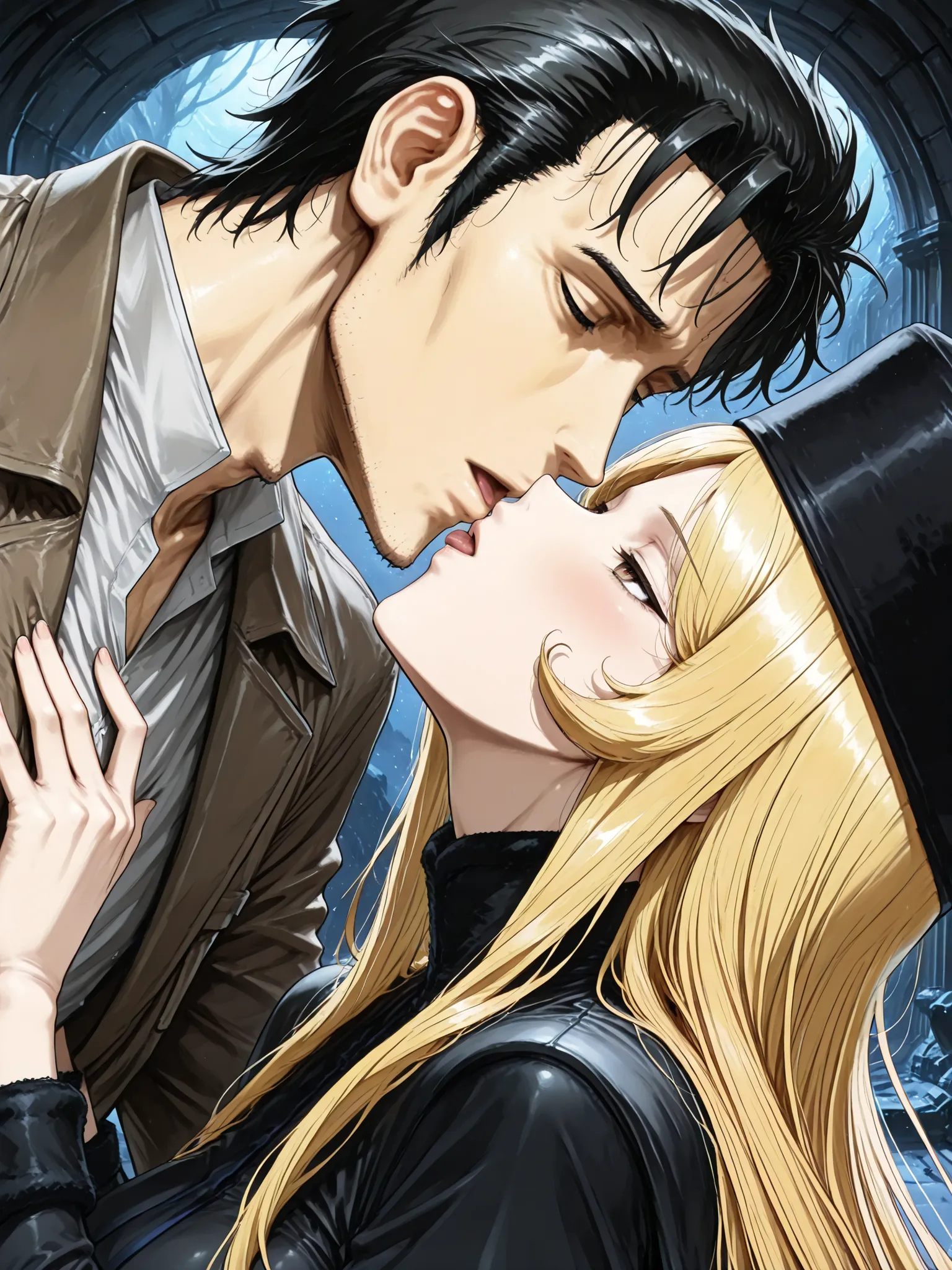 ((Best Quality)),( super high definition),(Super detailed),( detailed description ),((The best CG)),(masterpiece), dark dungeon,dark cave,lanthorn,(1boy and 1girl,1boy is a Okabe rintaro, 1 girl is THE GALAXY EXPRESS 999_Maetel,wearing cossack hat ,the ...