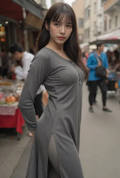 Beautiful Indian Women Kurti Leggings Tulidar Tight Market Hot Flying Kurti, gray leggings, Red Side Slit Open Kurti,big breasts,big butt, huge butt between collarbones,beautiful face, Celebrity Faces,full body image,Side View Fine Grain, Detailed Faces, (...