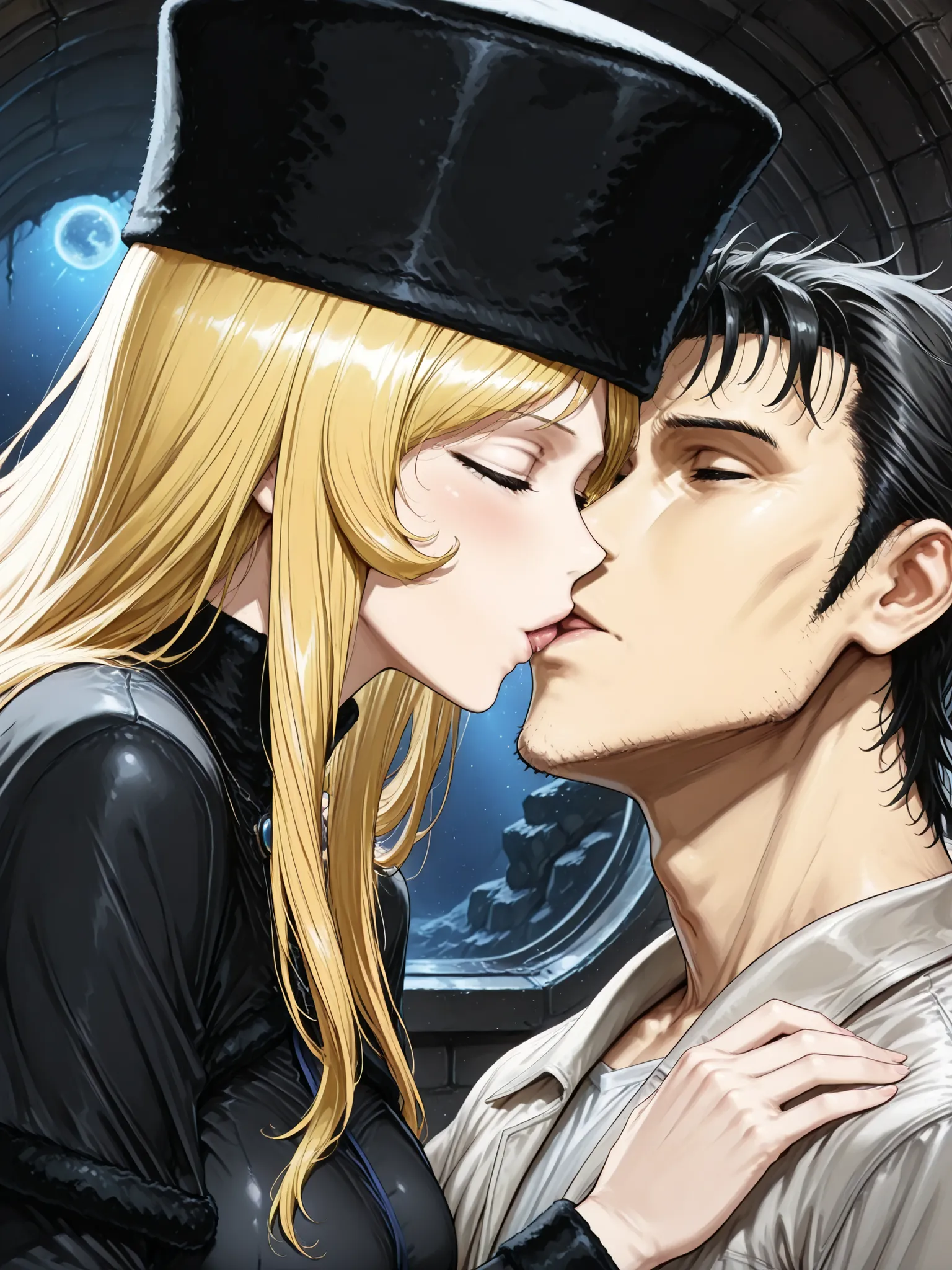 ((Best Quality)),( super high definition),(Super detailed),( detailed description ),((The best CG)),(masterpiece), dark dungeon,dark cave,lanthorn,(1boy and 1girl,1boy is a Okabe rintaro, 1 girl is THE GALAXY EXPRESS 999_Maetel,wearing cossack hat ,the ...