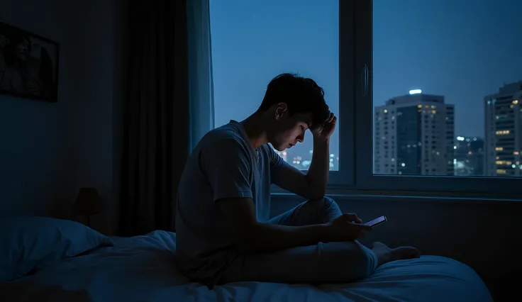 A young man sitting by the bedside of a city high-rise apartment，The day is not yet bright，Outside the window is a light city night view。He is wearing a simple gray T-shirt and sweatpants，staring blankly at the phone on the desk，The phone screen shows unre...